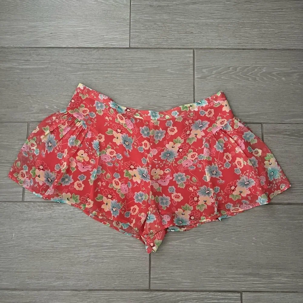 Free People Floral Pleated Coral Shorts Skort 8